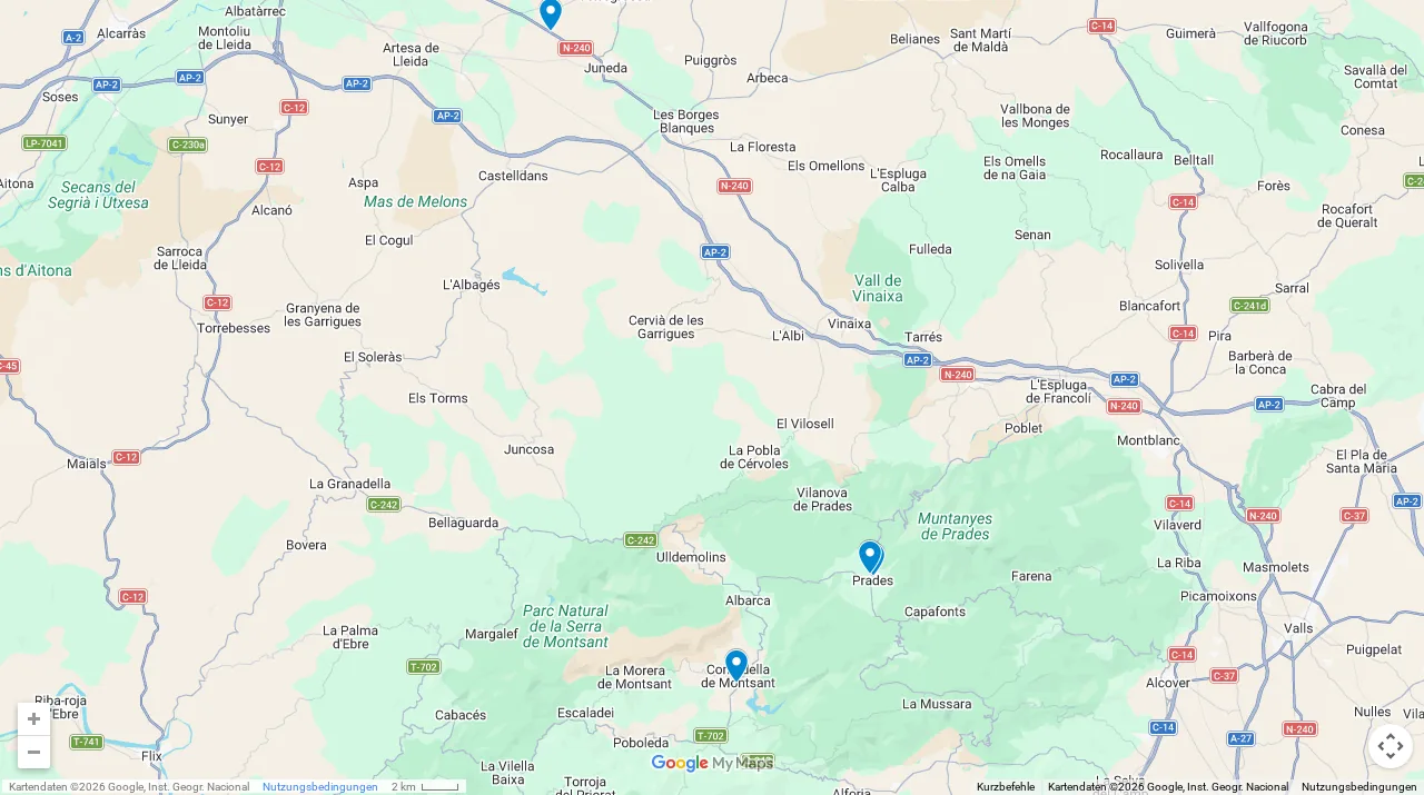 Mapa con las tres estaciones del Grupo Montsant: Prades, Cornudella de Montsant y Torregrossa